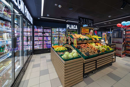 Valjevo, Serbia - Mart 4, 2022 - Fresh fruits and vegetables in modern local supermarket storeのeditorial素材