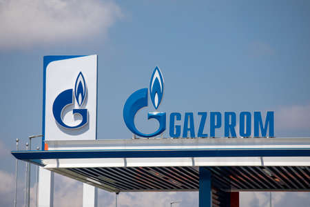 Belgrade, Serbia - April 30, 2022: Detail of the Gazprom Neft Gas station in Belgrade, Serbia. Logo. Gazprom is one of the main power and energy companies of Russiaのeditorial素材