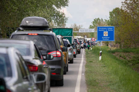 Horgos, Serbia - April 30, 2022: traffic jams at the Horgos 2 border crossing between Serbia and...
