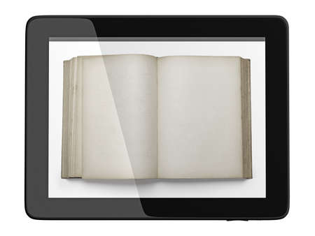 Book and generic teblet computer 3D model isolated on white, digital library conceptの写真素材