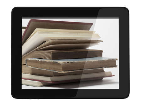 Book and generic teblet computer 3D model isolated on white, digital library conceptの写真素材