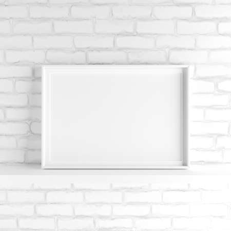 Elegant and minimalistic landscape picture frame standing on white painted brick wall. Design element. 3D renderの写真素材