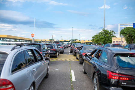 Horgos, Serbia - June 5, 2022: Traffic jams at the Horgos border crossing between Serbia and Hungary, European Union. Cars waiting in lineのeditorial素材