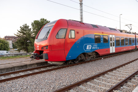 Valjevo, Serbia - July 18, 2022: Serbian railways, modern train in station Valjevo on line Uzice...