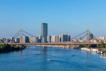 View to Belgrade City Center from Ada Bridge stock photo