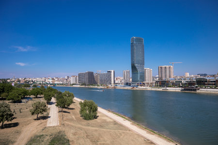 Skyscaper Belgrade Tower in Belgrade Watefront, modern residential area on the river bank of Sava river, City Center from Gazela Bridgeの写真素材