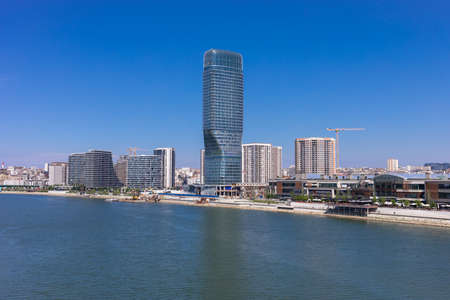 Skyscaper Belgrade Tower in Belgrade Watefront, modern residential area on the river bank of Sava river, City Center from Gazela Bridgeの写真素材