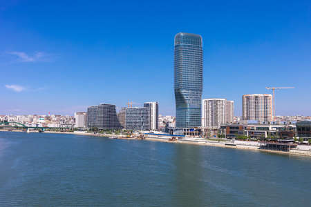 Skyscaper Belgrade Tower in Belgrade Watefront, modern residential area on the river bank of Sava river, City Center from Gazela Bridgeの写真素材