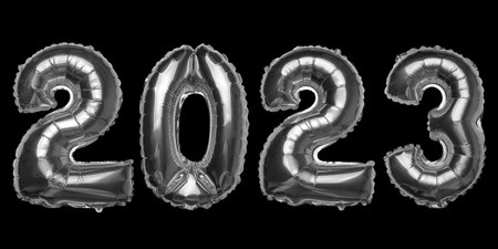 2023 concept Happy New Year from silver foil balloons aranged tight on black background