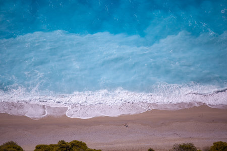 Amazing sea water color and sand beach, blue water and sand backgorund, Lefkada