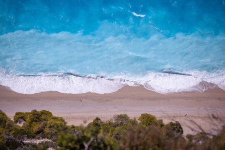 Amazing sea water color and sand beach, blue water and sand backgorund, Lefkadaの写真素材