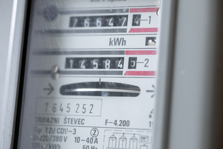 Valjevo, Serbia - August 24, 2021: Electric power meter measuring power usage. Watt hour electric meter measurement tool.のeditorial素材