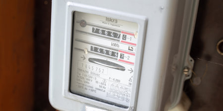 Valjevo, Serbia - August 24, 2021: Electric power meter measuring power usage. Watt hour electric meter measurement tool.のeditorial素材