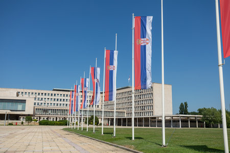Serbian flags in front of Palace of Serbia, New Belgrade, Stock photoのeditorial素材