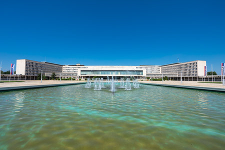 Belgrade, Serbia - July 25, 2022: Fountain in front of Palace of Serbia, New Belgradeのeditorial素材