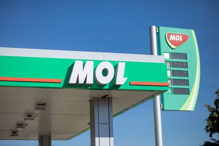 Valjevo, Serbia - March 24, 2023: MOL logo on gas station in Valjevo, Serbia. MOL is a Hungarian chain of gas station.のeditorial素材
