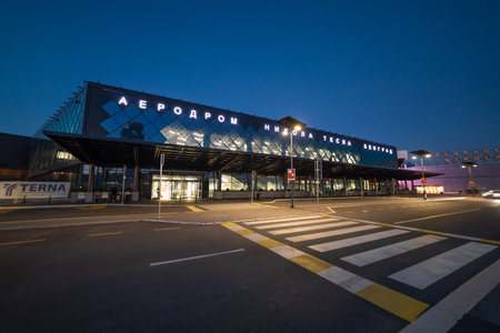 International Airport Nikola Tesla in Belgrade, Serbia, sunset, departures gateのeditorial素材