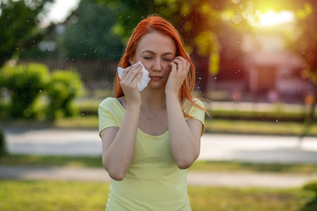 Pain in eyes. Young redhair woman sneezing in front of blooming tree. Pollen Allergy symptomsの写真素材