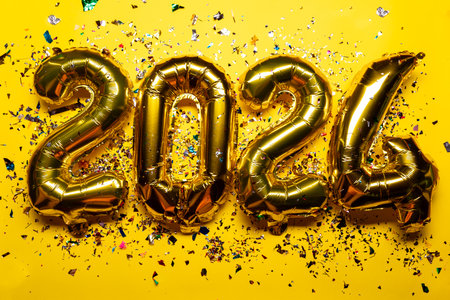 Happy New Year 2024 concept - golden foil balloon and confetti stock photoの写真素材
