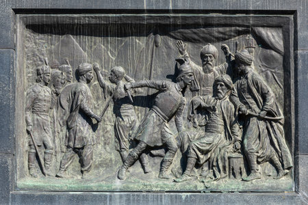 MiloÅ¡ ObiliÄ kills the Turkish Sultan Murat I in the battle of Kosovo Polje. Krusevac city center. Monument to the Heroes of Kosovo in the center of KruÅ¡evac (Battle of Kosovo 1389). Serbiaのeditorial素材
