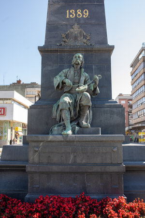 Filip Visnjic blind fiddle player. Detail of Monument to the Heroes of Kosovo in the center of KruÅ¡evac (Battle of Kosovo 1389). Serbiaのeditorial素材