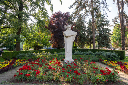 Loznica, Serbia - June 28, 2024: Monument of Vuk Stefanovic Karadzic in City park of Loznica, Jadar, Macva District of Western Serbiaの写真素材