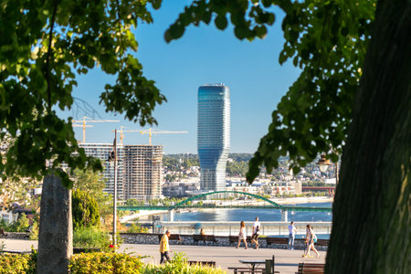 Modern building in Belgrade Waterfront district change old panorama of serbian capitol cityの写真素材
