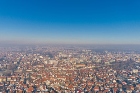 Panorama with polluted air of the city of Valjevo, airpolution, air polution illustrationの写真素材