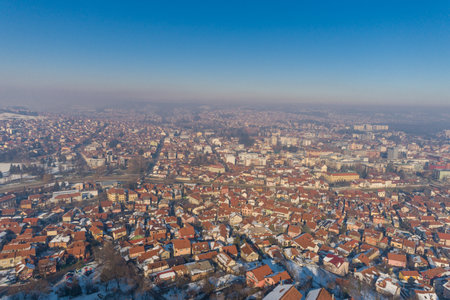 Panorama with polluted air of the city of Valjevo, airpolution, air polution illustrationの写真素材