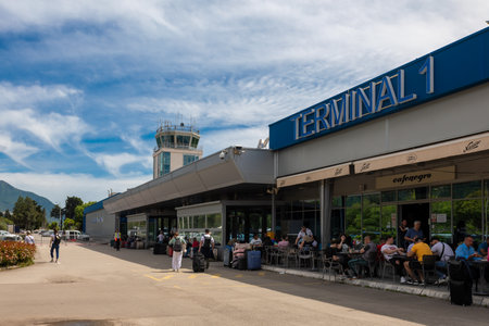 Tivat, Montenegro - May 9, 2025: Front of Terminal Building Of International Airport in Tivat, Montenegroの写真素材