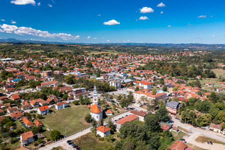Mionica, town in Kolubarski disctric, West Serbia. Aerial Drone Viewの写真素材