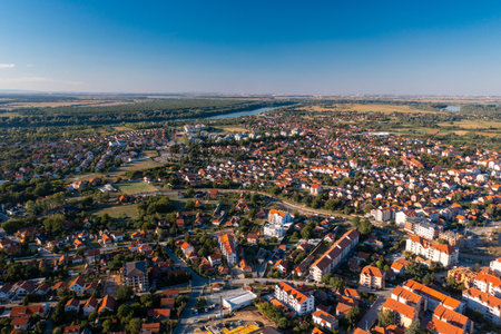 Obrenovac - Panoramic Aerial view of serbian city near Belgrade and Kolubara and Sava riverの写真素材