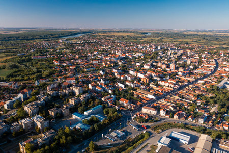 Obrenovac - Panoramic Aerial view of serbian city near Belgrade and Kolubara and Sava riverの写真素材