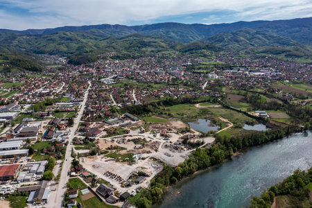 Bajina Basta and Drina river, panorama drone aerial view of city in Serbiaの写真素材