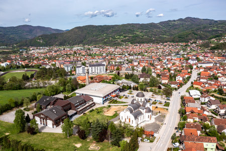 Bajina Basta, panorama drone aerial view of city in Serbiaの写真素材