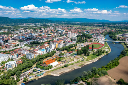 Kraljevo city and river Ibar, panorama drone aerial view of town in Serbiaの写真素材