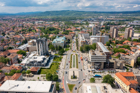 Krusevac city center, panorama drone aerial view of town in Serbiaの写真素材
