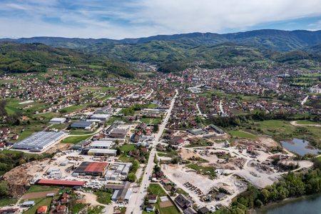 Bajina Basta, panorama drone aerial view of city in Serbiaの写真素材