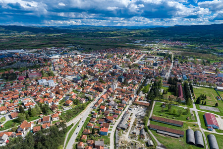 Pozega Uzicka, panorama drone aerial view of town in Serbiaの写真素材