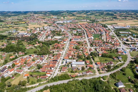 Koseljeva, panorama drone aerial view of town in Macva district, Serbiaの写真素材
