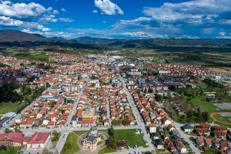 Pozega Uzicka, panorama drone aerial view of town in Serbiaの写真素材