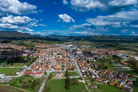 Pozega Uzicka, panorama drone aerial view of town in Serbiaの写真素材