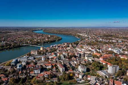 Sremska Mitrovica, Sirmium - is one of the oldest European cities located on left bank of Sava river. Aerial drone shots of the town in Serbia, Europeの写真素材