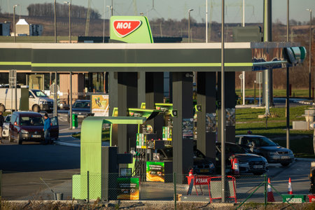Ub, Serbia - December 29, 2025: Mol gas station on the highway Milos Veliki ner Ub, Serbiaのeditorial素材