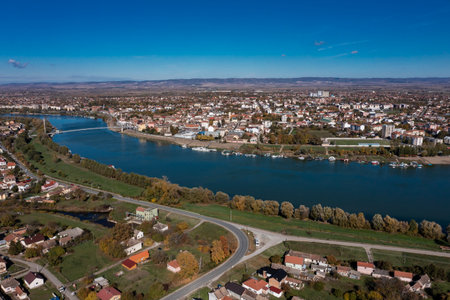 Sremska Mitrovica, Sirmium - is one of the oldest European cities located on left bank of Sava river. Aerial drone shots of the town in Serbia, Europeの写真素材