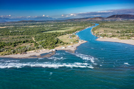 Bojana River flows into the Adriatic Sea, Ada Bojana, longest beach in Montenegroの写真素材
