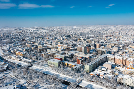 Valjevo city, Serbia in snow drone view from aboveの写真素材