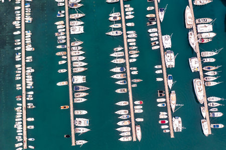 Bar marine with boats and yachts on Adriatic sea, view from drone, panorama, Montenegroの写真素材