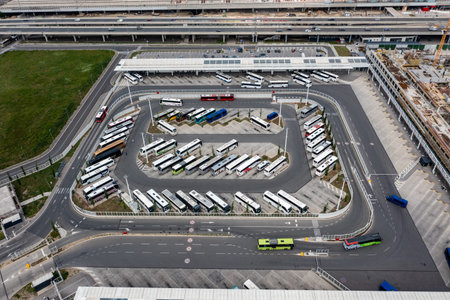 BELGRADE, SERBIA â€“ May 2026: Aerial drone view of the new Belgrade Main Bus Station (BAS) in New Belgrade, Serbia. The modern transportation hub serves domestic and international bus routes and represents a major infrastructure investment aimed at impro