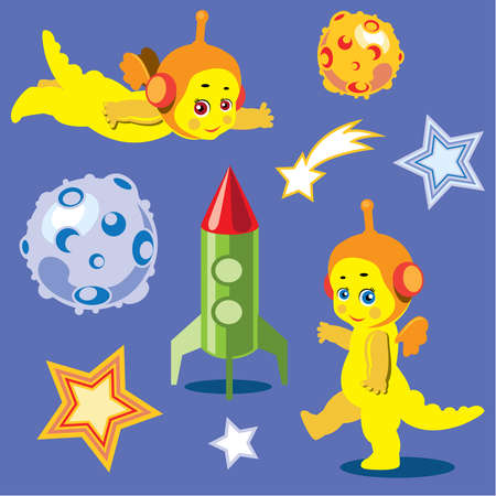 Animation astronauts dragons with the rocket and models of planets.のイラスト素材